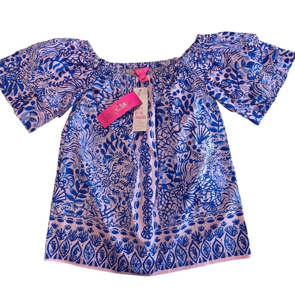 Lilly Pulitzer Pink Blue Sea Shell Off The Shoulder Short Sleeve Top NWT